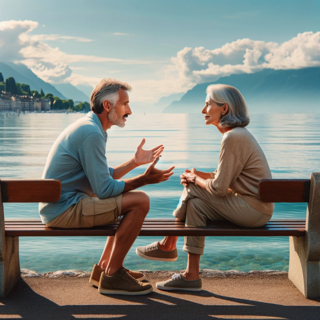 лавочка на берегу женевуского озера. сидят двое людей - мужчина и женщина среднего возраста и оживленног беседуют