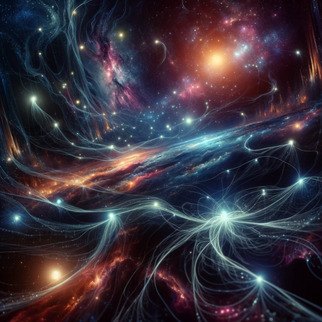 Космический пейзаж, изображающий темную материю и темную энергию в виде светящихся нитей, соединяющих галактики в мистическом танце, на фоне глубокого космоса с яркими звездами и далекими галактиками, в стиле сюрреализма.