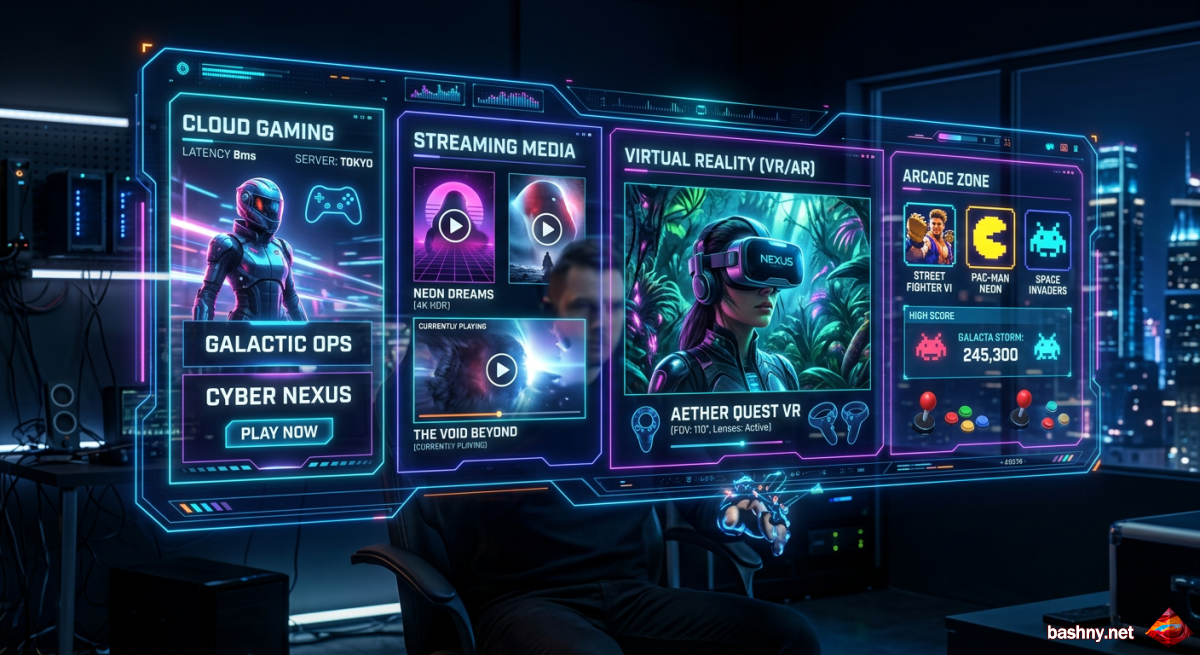 A futuristic digital interface showing various forms of online entertainment like gaming, streaming, and social media