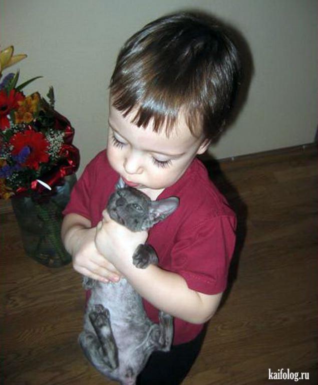 Котенка душат. Ребенок мучает кошку. Дети обижают животных.